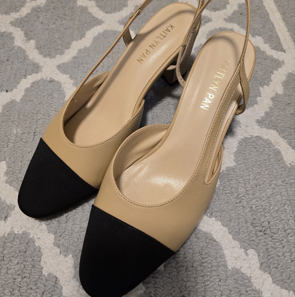 Kaitlyn Pan Women's Beige and Black Lambskin Leather Slingback Mid Heel - Picture 4 of 7